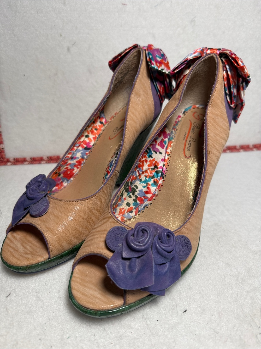 Poetic License - Peep Toe Floral Trim Heels in Tan and Purple